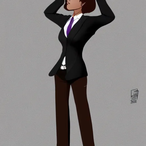 Image similar to woman in black business suit, purple tie, brown neat hair, pixiv, fanbox, trending on artstation, portrait, digital art, modern, sleek, highly detailed, formal, serious, determined, competent, colorized, smooth, charming, pretty, safe for work, thick