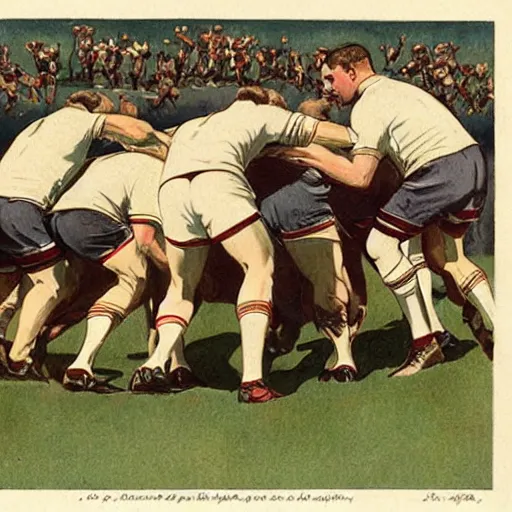 Prompt: 1920s full color illustration by J.C. Leyendecker of handsome male rugby players in a scrum on the field, rugby ball on the ground in between the handsome rugby players