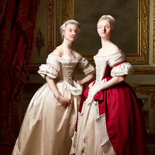 Image similar to two young attractive beautiful scandinavian women wearing an 1 8 th century dress in versailles, cinematic, 8 k hdr, detailed, hyperrealistic