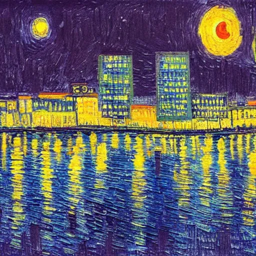 Prompt: a modern city skyline at night stylized as van gogh