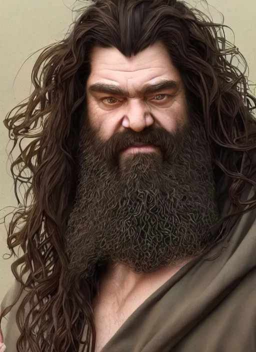 Prompt: portrait of a herculean well groomed hagrid with flowing long brown hair, braided beard, style of god of war, swarm of sand, intricate, elegant, highly detailed, digital painting, artstation, concept art, smooth, sharp focus, illustration, art by artgerm and greg rutkowski and alphonse mucha, 8 k