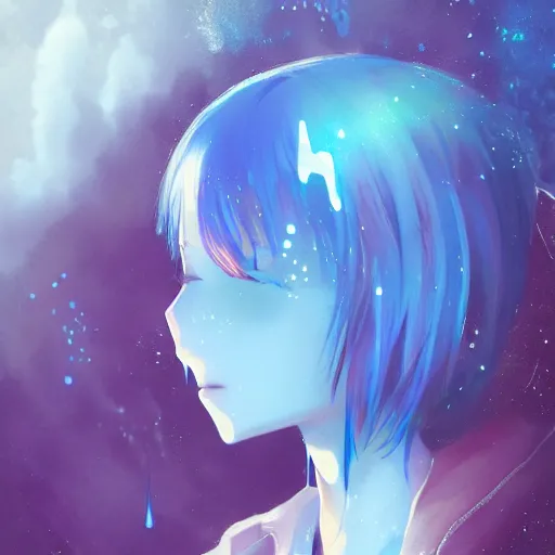 Prompt: water dripping on rimuru tempest crying, enveloped in galactic trails, sky blue straight hair, bangs, with amber eyes, black jacket, high collar, ultra detailed, euphoric, masterpiece, digital painting, psychedelic, cinematic, wlop, pixiv, ilya kuvshinov, ross tran