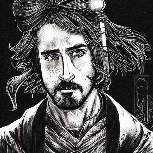 Image similar to pen and ink!!!! attractive 22 year old deus ex Frank Zappa x Ryan Gosling golden!!!! Vagabond!!!! magic swordsman!!!! glides through a beautiful battlefield magic the gathering dramatic esoteric!!!!!! pen and ink!!!!! illustrated in high detail!!!!!!!! by Hiroya Oku!!!!!!!!! Written by Wes Anderson graphic novel published on shonen jump MTG!!! 2049 award winning!!!! full body portrait!!!!! action exposition manga panel