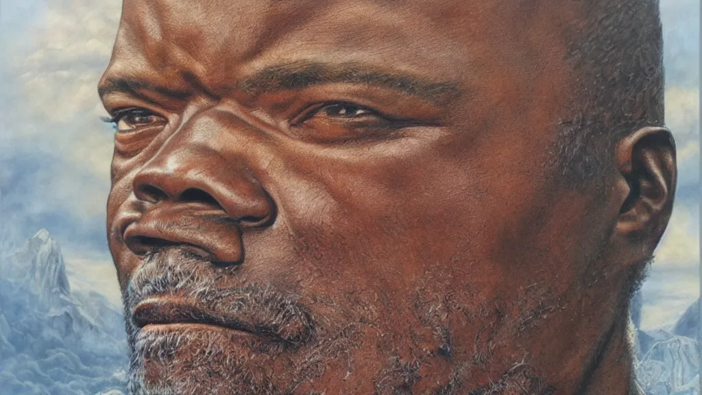 Image similar to portrait of samuel jackson, by alan lee, intricate, smoke trails, lord of the rings calendar, smooth, detailed terrain, oil painting