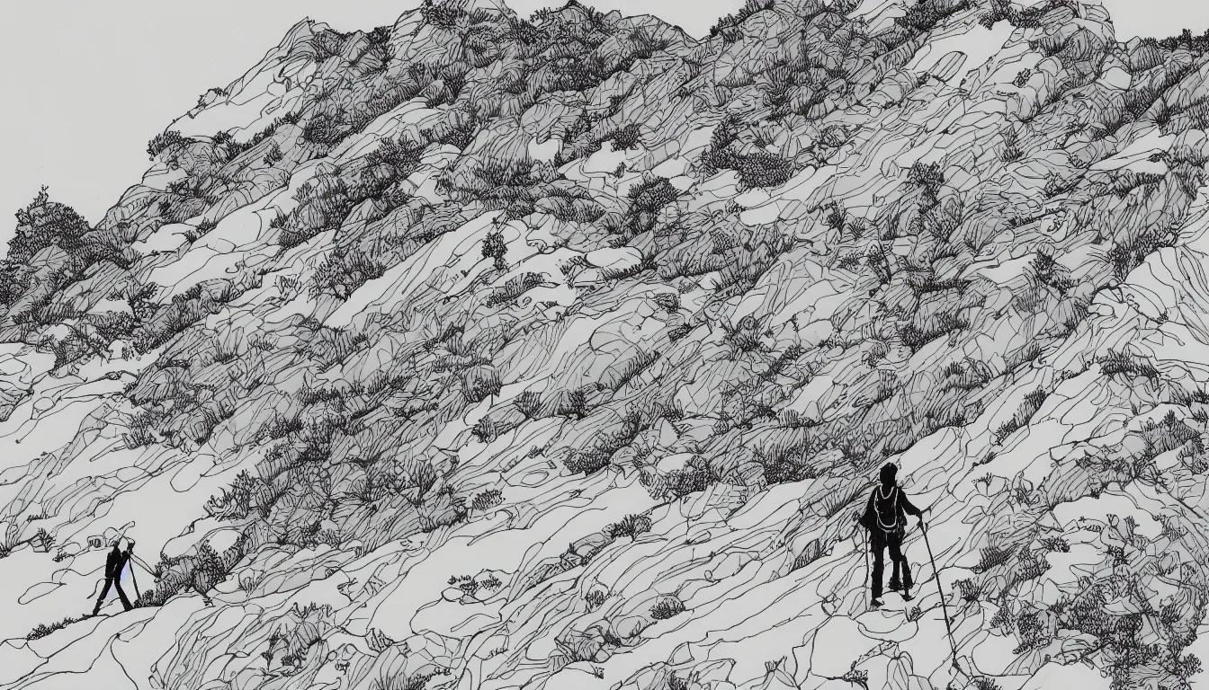 Image similar to lone backpacker on mountain ridgeline, minimalist line art by moebius, clean long lines, ultra detailed