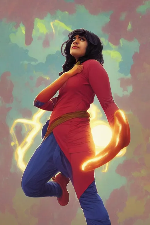 Image similar to A Full View of Kamala Khan played by Iman Vellani, filled with wonder. MCU. John hughes film. masterpiece 4k digital illustration by Ruan Jia and Mandy Jurgens and Artgerm and greg rutkowski and Alexander Tsaruk and WLOP and william-adolphe bouguereau, award winning, Artstation, art nouveau aesthetic, Alphonse Mucha background, intricate details, realistic, panoramic view, Hyperdetailed, 8k resolution, intricate art nouveau