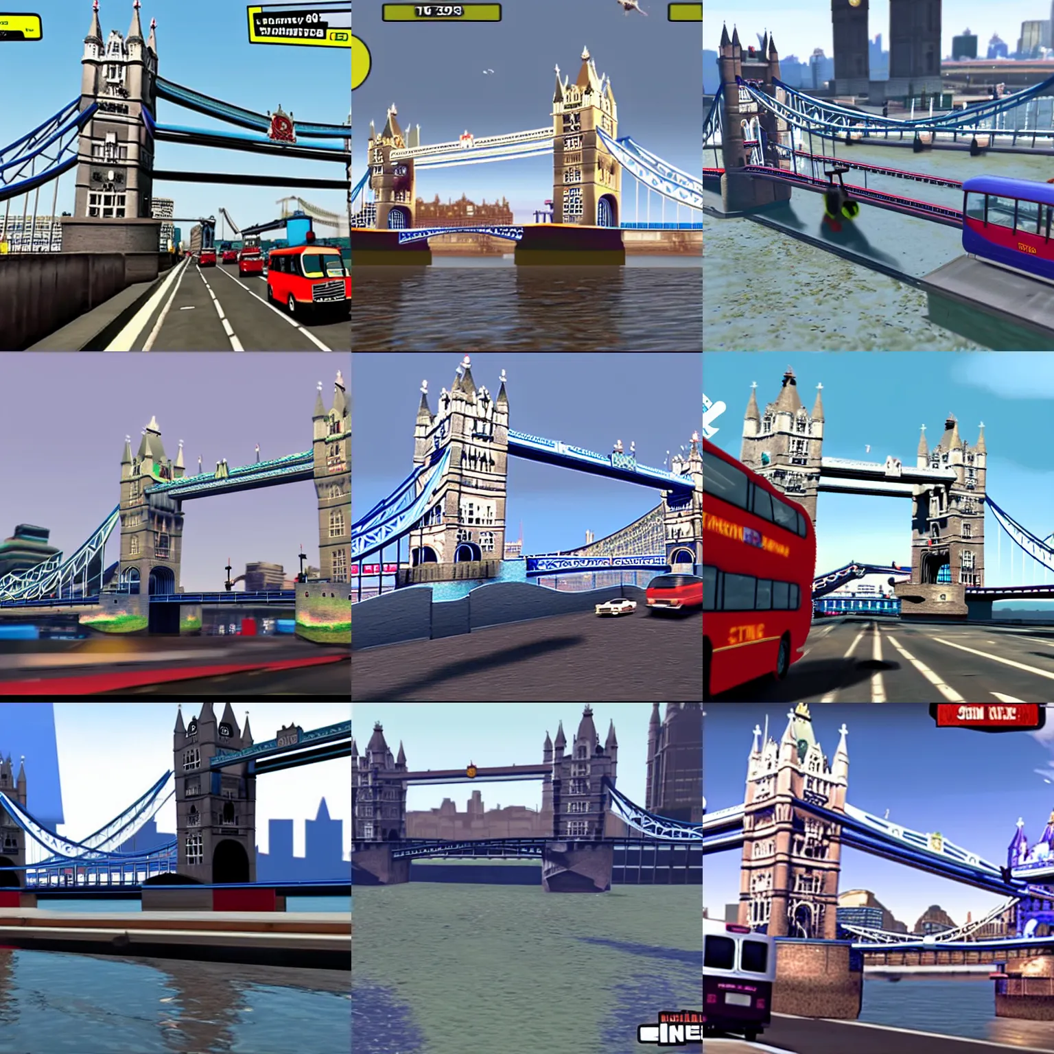 Prompt: A London bus driving over Tower Bridge, screenshot from the video game 'Grand Theft Auto 5'
