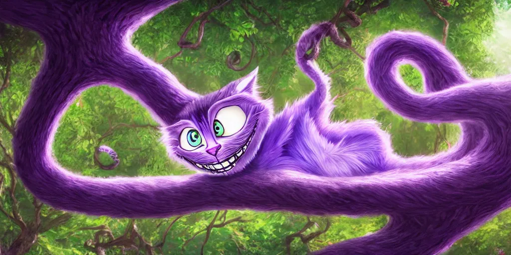 Prompt: The Cheshire Cat hanging in a tree, Alice in wonderland, colorful, wide angle, super highly detailed, professional digital painting, artstation, concept art, smooth, sharp focus, no blur, no dof, extreme illustration, Unreal Engine 5, Photorealism, HD quality, 8k resolution, cinema 4d, 3D, beautiful, cinematic, art by artgerm and greg rutkowski and alphonse mucha and loish and WLOP