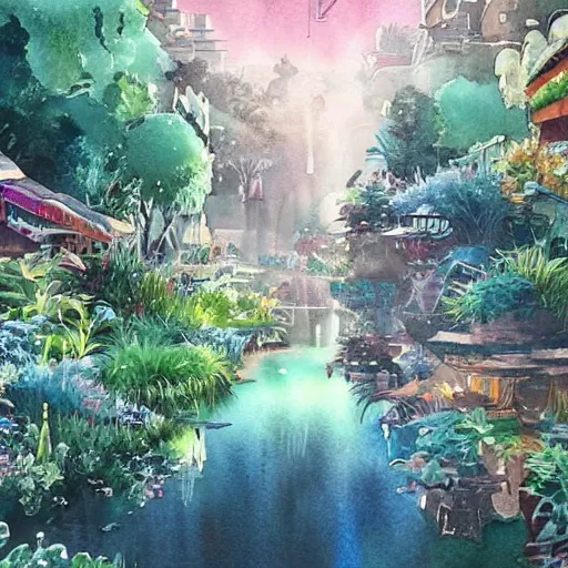 Image similar to Beautiful happy picturesque charming sci-fi town in harmony with nature, year 2100. Beautiful light. Water and plants. Nice colour scheme, soft warm colour. Beautiful detailed watercolor by Lurid. (2022)