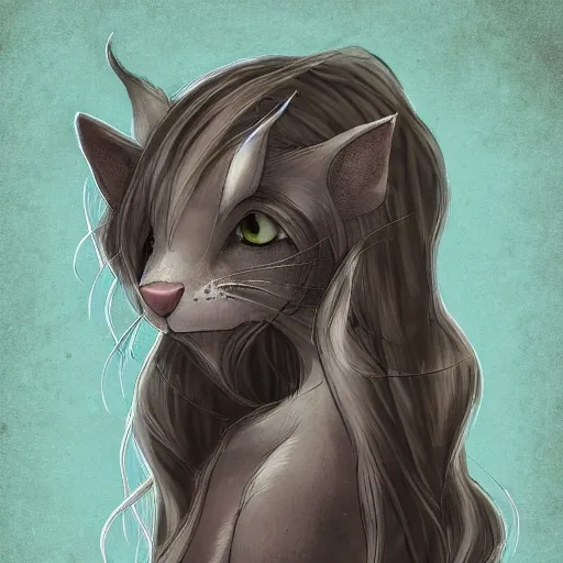 Image similar to headshot of young female furry, D&D, cute, fantasy, intricate, long hair, dark grey skin, mouse face, mouse nose, dark skin, mouse head, mouse ears, black hair, elegant, highly detailed, cartoony, artstation, concept art, smooth, sharp focus, illustration, art by Diives