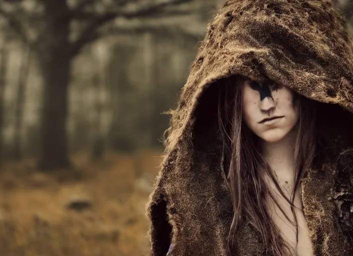 Prompt: character and environment photography, portrait 2 0 - year - old high fantasy female druid, tattered hood and robe, infested bear standing, medium shot, wide angle, 2 0 0 px, low key