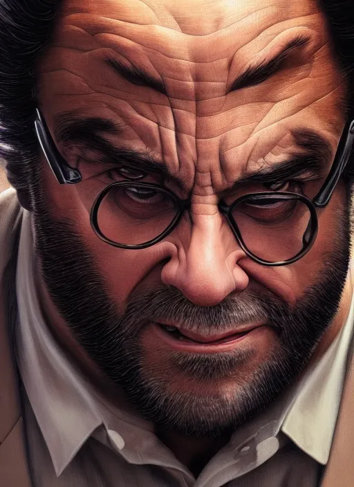 Image similar to danny devito as wolverine, realistic portrait, symmetrical, highly detailed, digital painting, artstation, concept art, smooth, sharp focus, illustration, cinematic lighting, art by artgerm and greg rutkowski and alphonse mucha