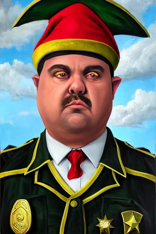 Prompt: high fantasy elf mall cop with a sheriff's badge that is fat, shifty, and incompetent, portrait from the chest up by Carvagio, Oil Painting, hyper realistic,, 8k UHD scan
