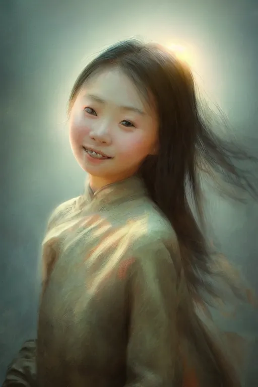 Image similar to chinese girl, joyful, close-up portrait, intricate, elegant, volumetric lighting, scenery, digital painting, highly detailed, artstation, sharp focus, illustration, concept art, ruan jia, steve mccurry