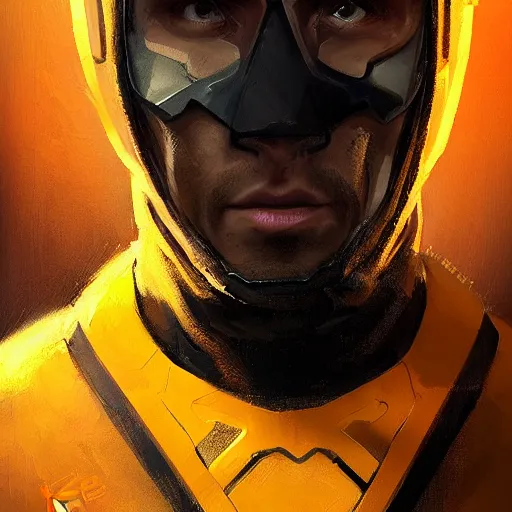 Image similar to portrait of a superhero by greg rutkowski, he looks like joseph quinn, he is wearing a black, orange and yellow kevlar gear, highly detailed portrait, digital painting, artstation, concept art, smooth, sharp foccus ilustration, artstation hq