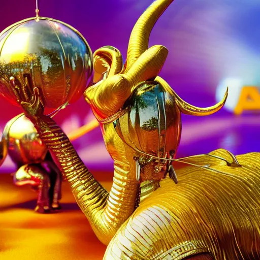 Image similar to 1 9 7 0's bollywood movie octane render, weta digital, cinema 4 d, an elephant wearing a silver latex suit and an iridescent metal helmet surrounded by women dancing in colorful flowing intricate dresses on a tropical alien planet