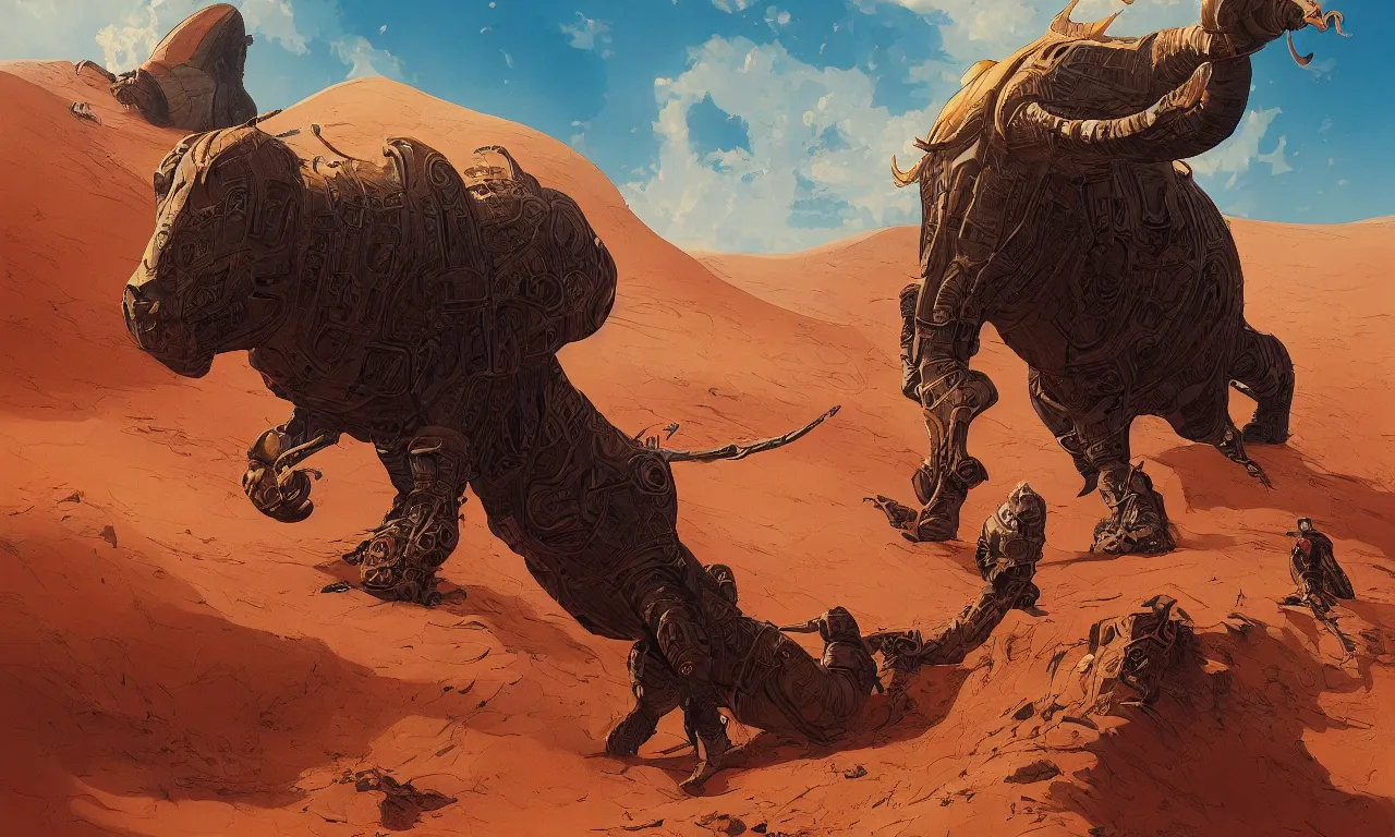 Prompt: detailed painting of dune movie, desert landscape, huge bull emerging from the sand, trending on artstation, by josan gonzalez, flat colors, defined lines