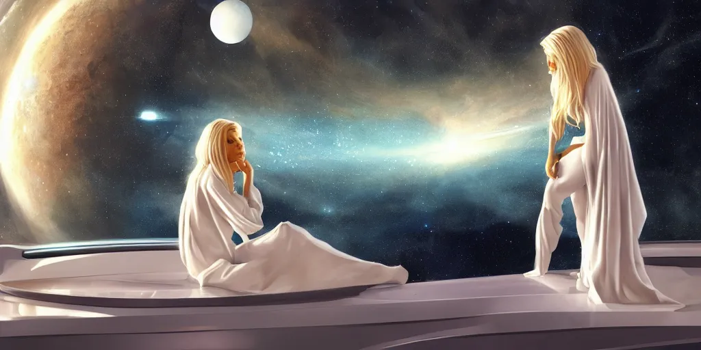 Prompt: pretty woman with blond hair and flowing white robes, sitting sad in spaceship, gazing at view of galaxy in space through a window, by jim burns, peter andrew jones, michael hutter, sharp digital painting. dreaming latent space. matte painting, concept art. artstation. digital render.