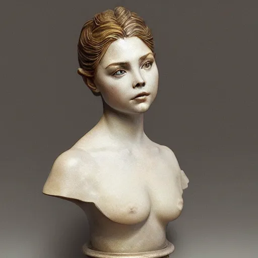 Image similar to beautiful lifelike award winning marble bust statue chloe ’ s grace moretz trending on art station artgerm greg rutkowski alphonse mucha museum quality cinematic atmospheric