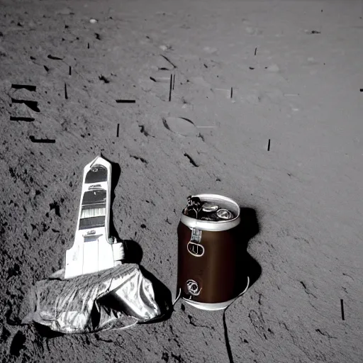 Prompt: photo of an idle electric guitar and a beer can sitting on the moon surface. atompunk