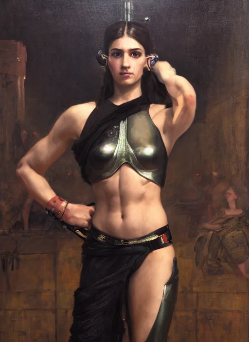 Prompt: Sophia. cyberpunk gymnast wearing a military vest and combat gear. (Cyberpunk 2077, bladerunner 2049). Iranian orientalist portrait by john william waterhouse and Edwin Longsden Long and Theodore Ralli and Nasreddine Dinet, oil on canvas. Cinematic, hyper realism, realistic proportions, dramatic lighting, high detail 4k
