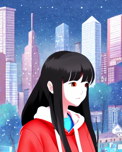 Image similar to black haired girl wearing hoodie, detailed city background, anime illustration by anmi