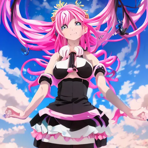 Image similar to stunningly beautilful omnipotent megalomaniacal anime goddess who looks like junko enoshima with symmetrical perfect face and porcelain skin, pink twintail hair and cyan eyes, taking control while smiling, mid view from below her feet taken in an extremely low angle, hyperdetailed, digital art, unreal engine 5, 2 d anime style, 8 k