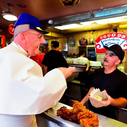 Image similar to a photograph of a reallife popeye the sailor man handing fried chicken to a customer at a popeye's chicken restaurant. he is behind the counter wearing a uniform