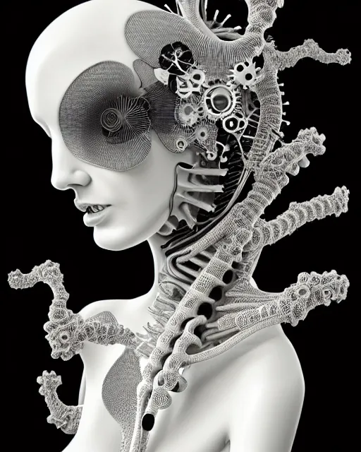 Prompt: black and white, biomechanical female cyborg with a porcelain profile face, analog, big leaves foliage and stems, morning glory flowers, hibiscus flowers, boho floral vines, hexagonal mesh fine wire, sinuous fine roots, alexander mcqueen, art nouveau fashion embroidered, steampunk, mandelbrot fractal, picture taken in 1 9 3 0