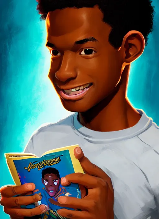 Image similar to portrait of teenage chuck clayton, black teenage boy, very short curly hair, very short hair, square jaw, slight excited smile, reading archie andrews comic book, intricate, elegant, glowing lights, highly detailed, digital painting, artstation, concept art, smooth, sharp focus, illustration, art by wlop, mars ravelo and greg rutkowski