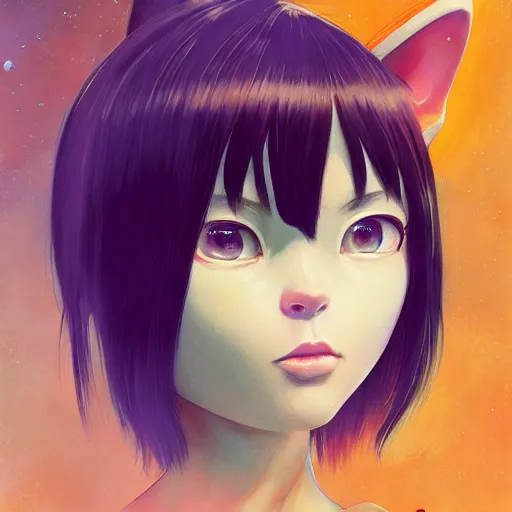 Image similar to A space realistic cat with big and cute eyes, fine-face, realistic shaded perfect face, fine details. realistic shaded lighting poster by Ilya Kuvshinov katsuhiro otomo ghost-in-the-shell, magali villeneuve, artgerm, Jeremy Lipkin and Michael Garmash, Rob Rey and Kentarõ Miura style, trending on art station