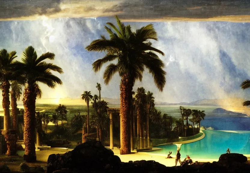 Image similar to The highest coliseum ever made, 1km tall, thunderstorm, greek pool, beach and palm trees on the background major arcana sky, by paul delaroche, hyperrealistic 4k uhd, award-winning very detailed
