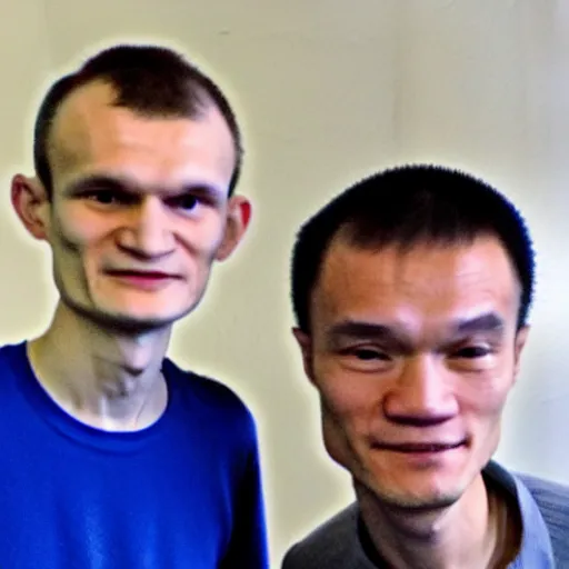 Prompt: picture of vitalik buterin and satoshin nakamoto in front of a computer