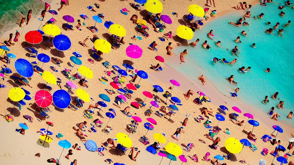 Prompt: photograph beachscapes from an almost perpendicular angle, Aerial view of sandy beach with umbrellas and sea, Aerial of a crowded sandy beach with colourful umbrellas, sun bathers and swimmers during summer, by Tommy Clarke