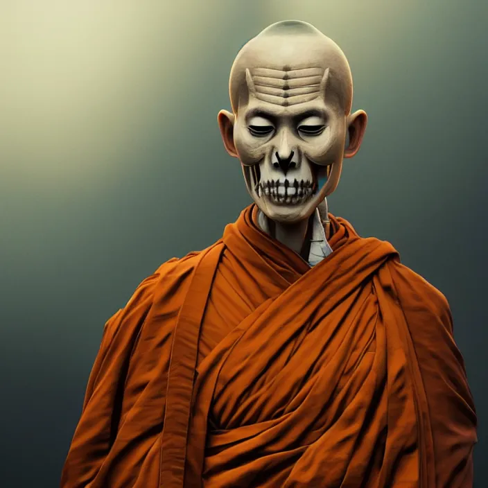 Image similar to portrait of Buddhist Monk as skeleton. intricate abstract. intricate artwork. by Tooth Wu, wlop, beeple, dan mumford. octane render, trending on artstation, greg rutkowski very coherent symmetrical artwork. cinematic, hyper realism, high detail, octane render, 8k, iridescent highlights