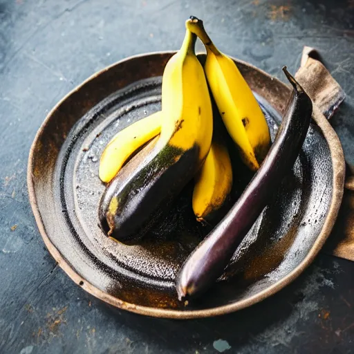 Image similar to photo of a delicious black banana on a plate on the table of a rustic farmhouse in cornwall