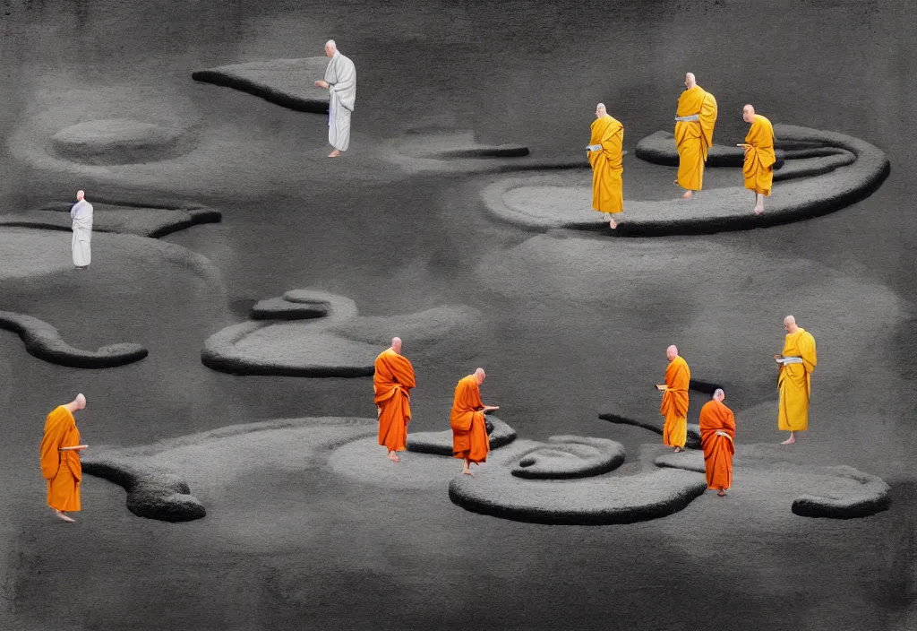 Image similar to monks tending a zen garden kyoto, japan, a collage painting, in the style of wes anderson, lola dupre, david hockney, isolated on negative white space background dark monochrome fluorescent neon spraypaint accents volumetric octane render