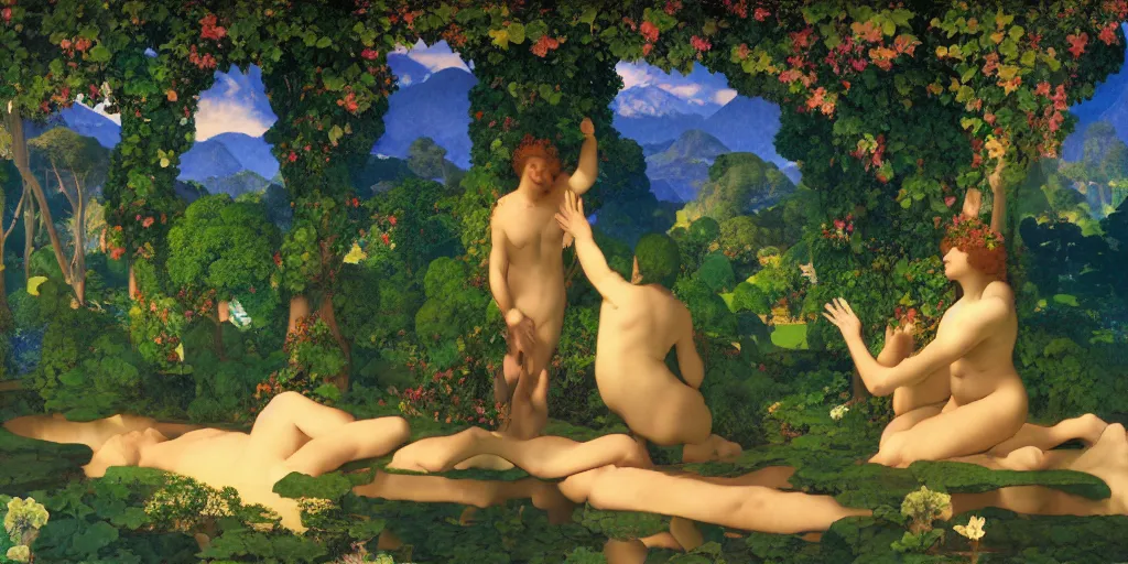 Image similar to !dream a landscape of the Garden of Eden by Maxfield Parrish, digital art 8k