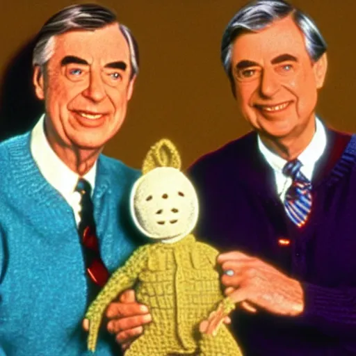 Image similar to Mr. Rogers hanging out with Jason Voorhees from the movie Friday the 13th