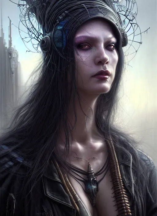 Prompt: closeup portrait shot of a cyberpunk witch in a scenic dystopian environment, intricate, elegant, highly detailed, centered, digital painting, artstation, concept art, smooth, sharp focus, illustration, artgerm, tomasz alen kopera, peter mohrbacher, donato giancola, joseph christian leyendecker, wlop, boris vallejo