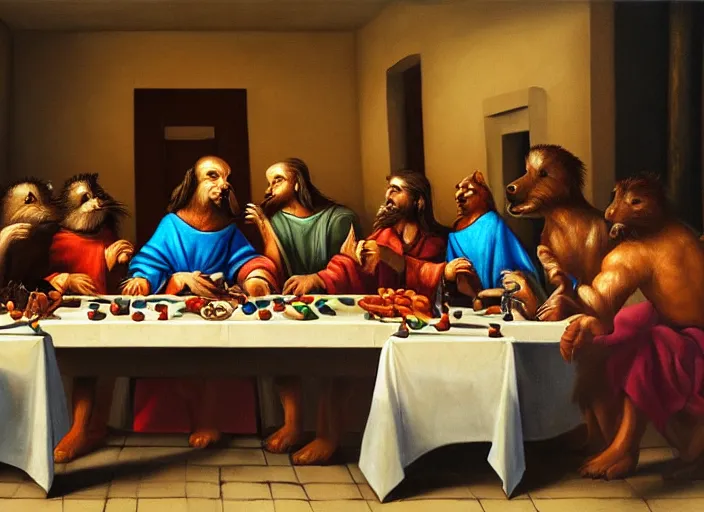 Prompt: furry last supper, oil painting
