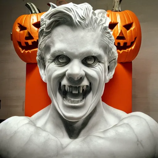 Image similar to epic statue of jack o lantern sculpted on acrylic flow marble with wax drops over his skin, realistic, volummetric light, by bernini