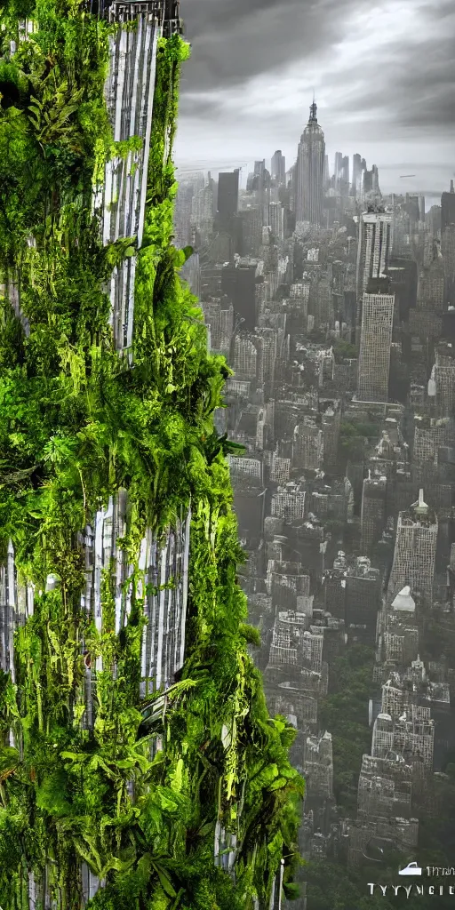 Image similar to an epic view of vines and moss growing on the empire state building, moss, jungle, with pterosaurs flying, close - up, low angle, wide angle, atmospheric, volumetric lighting, cinematic, 8 k, octane render, unreal engine, very realistic, highly detailed digital art, painted by tyler edlin