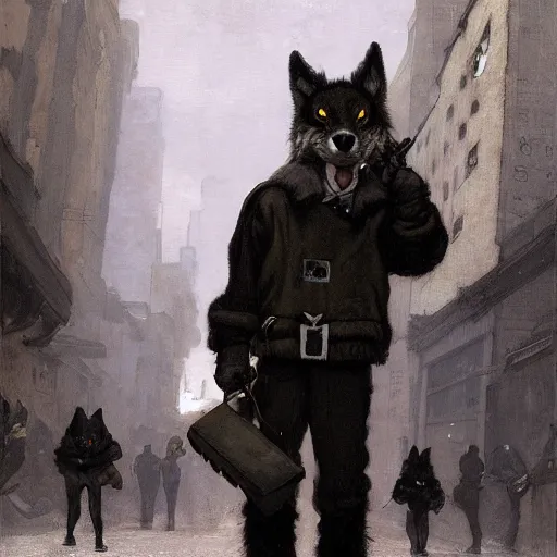 Prompt: new york city portrait of furry anthro anthropomorphic grey wolf head animal person fursona wearing clothes black traditional police uniform in the alley, sunny day, digital art by Nerdrum John, William Waterhouse, Winslow Homer, Alex Heywood, Jordan Grimmer, Darren Quach, Greg Rutkowski, Simon Stalenhag, trending on Artstation, CGSociety