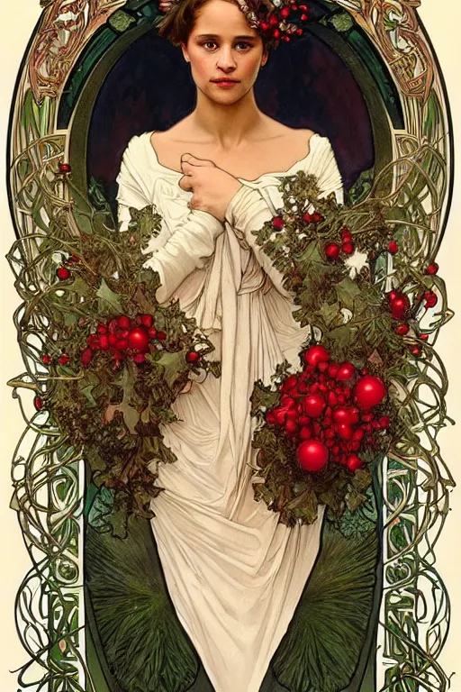 Image similar to realistic art nouveau style detailed portrait of alicia vikander wearing a holly wreath as a crown at christmas by alphonse mucha, charlie bowater, anddonato giancola art nouveau style, white red and green christmas colors