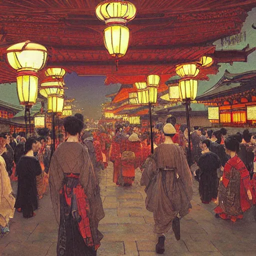 Image similar to a beautiful painting of the lantern festival in old kyoto, by james gurney, donato giancola, and john williams waterhouse