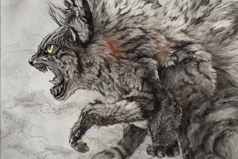 Image similar to 8k Yoshitaka Amano painting of upper body of a young cool looking lynx beast-man with white mane at a medieval market at windy day. Depth of field. He is wearing complex fantasy armors. He has huge paws. Renaissance style lighting.