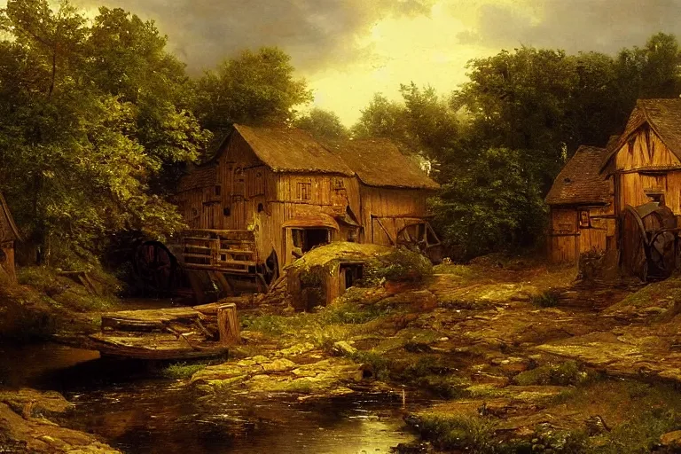 Image similar to a paint of a watermill golden hour by andreas achenbach