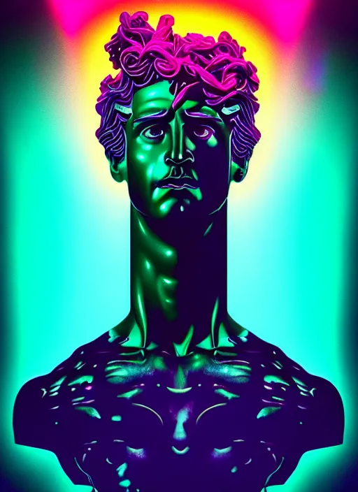 Image similar to statue of dionysus, beeple, android jones, ( ( ( ( ( dan mumford ) ) ) ) ), vaporwave, retrowave, black background, neon wiring, lines, black, glitch, strong contrast, cuts, pinterest, trending on artstation