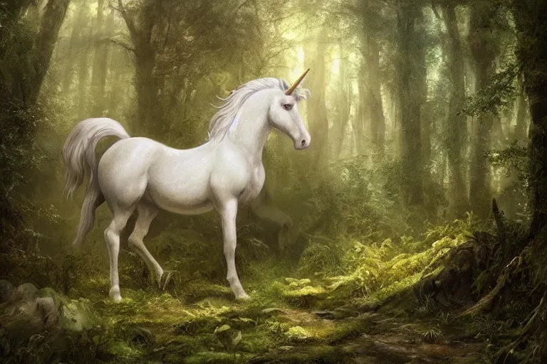 Prompt: fine art painting of a unicorn in a magical forest, artstation, cgsociety, very detailed, intricate, masterpiece, stunning, romanticism